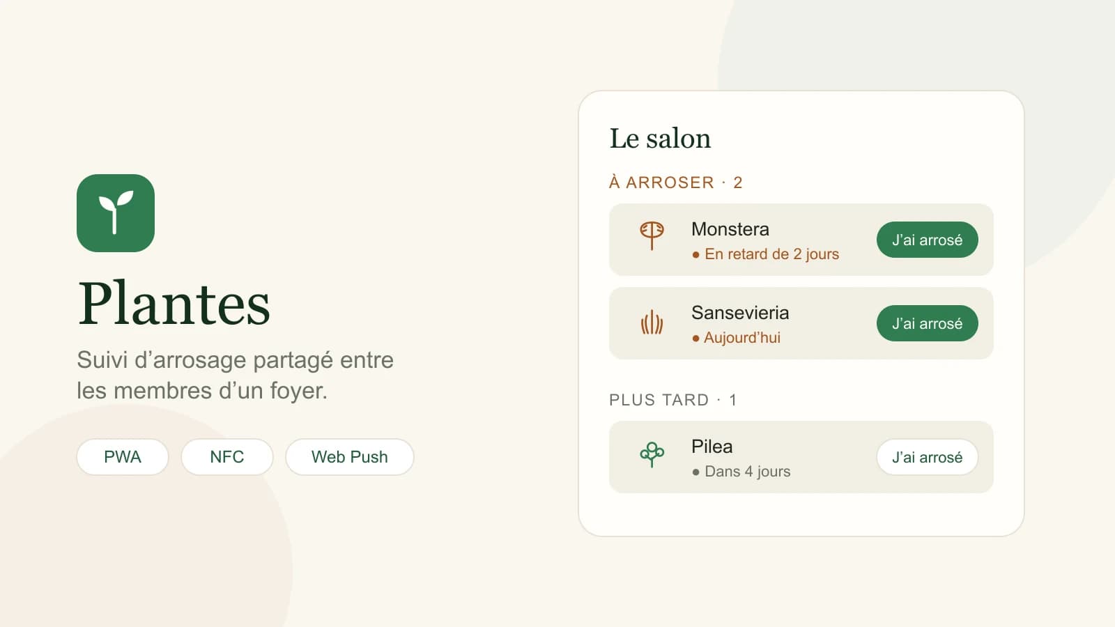 Aperçu de l’application Plantes : liste d’un foyer avec les plantes à arroser