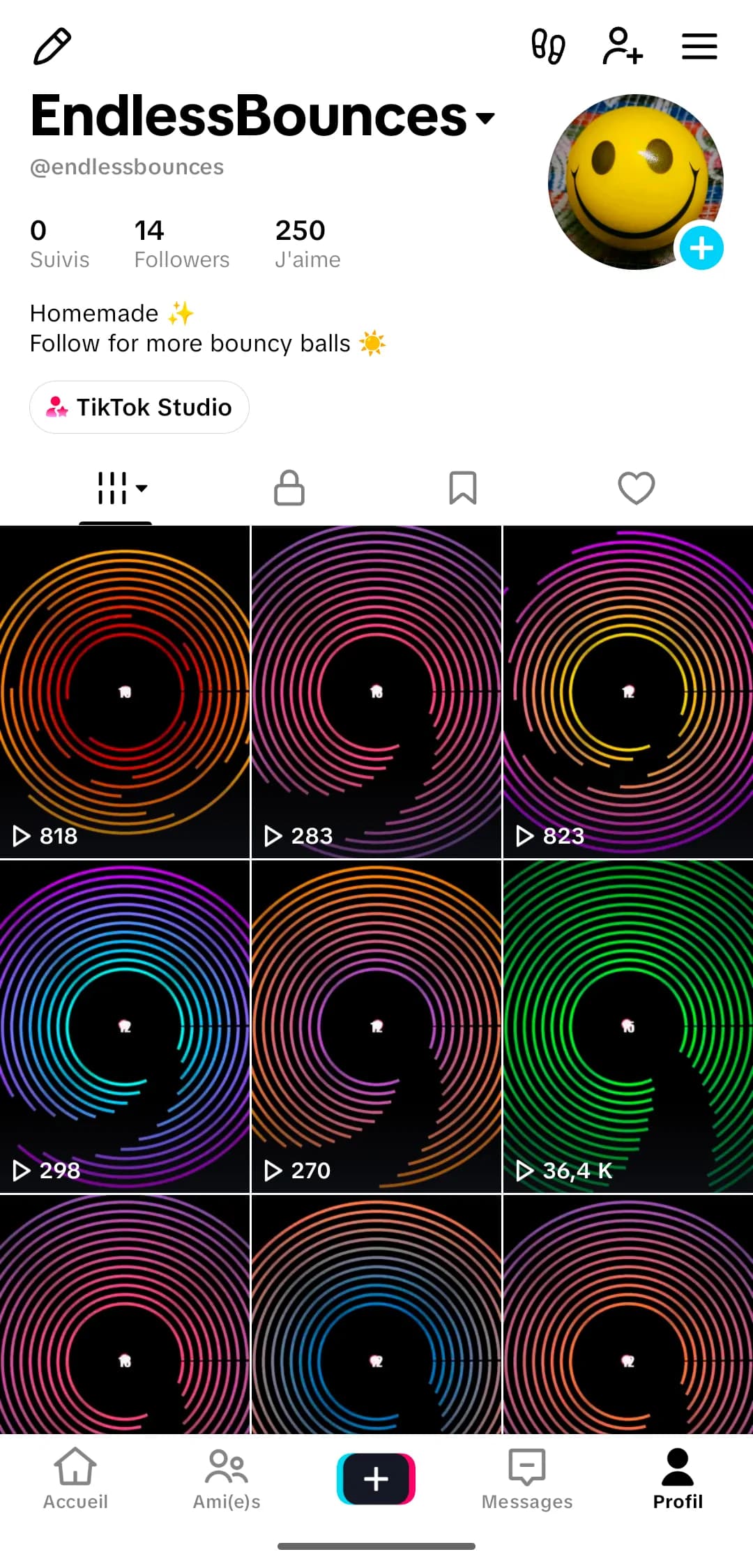 Profil TikTok @endlessbounces et sa grille de vidéos publiées