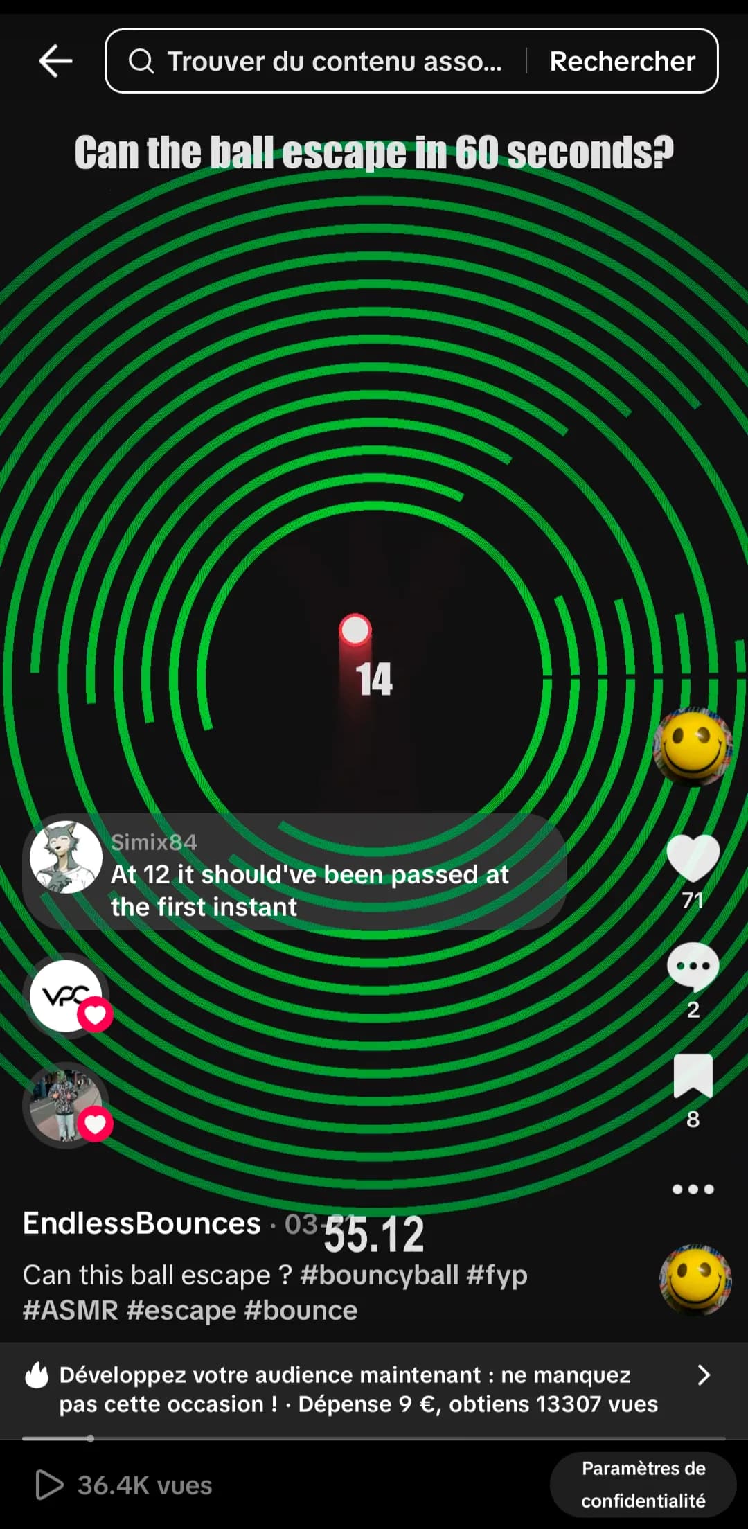 Vidéo Endless Bounces en palette verte, 14 anneaux restants